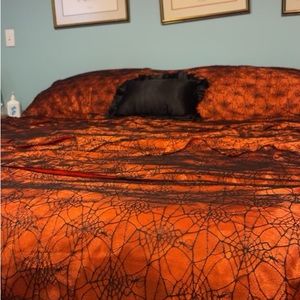 Halloween curtain panels, Halloween table runner, spider, orange and black